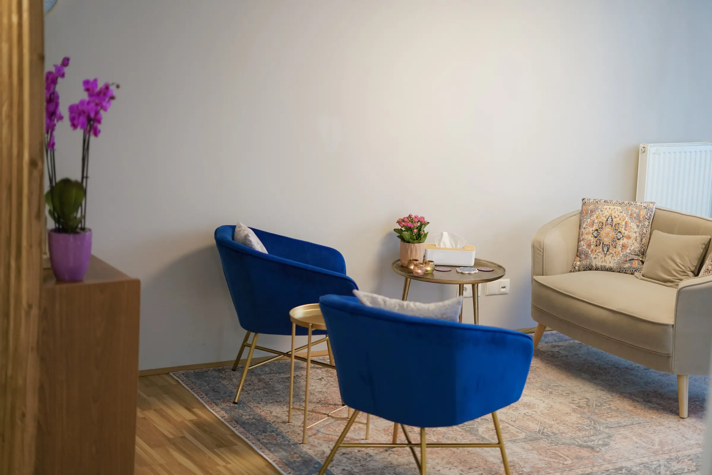 Beratungsraum in der Praxis von Elif Elik-Gülen mit zwei blauen Sesseln und einem Sofa